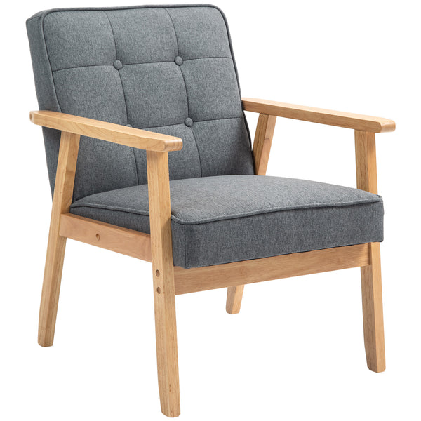 Fauteuil d'appoint moderne avec dossier capitonné et structure en bois massif, gris