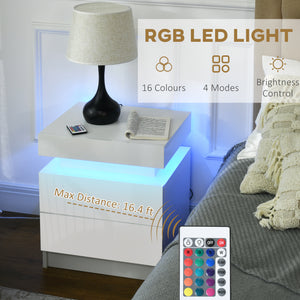 Table de chevet avec éclairage LED et 2 tiroirs pour chambre ou salon, blanche