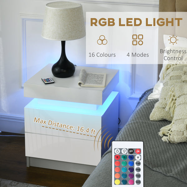 Table de chevet avec éclairage LED et 2 tiroirs pour chambre ou salon, blanche