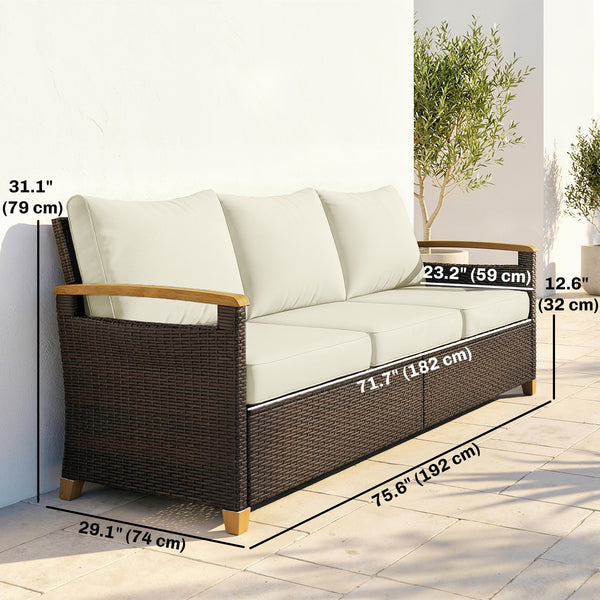 Canapé d'extérieur 3 places en résine tressée, assise large, coussins de 10 cm, accoudoirs imitation bois, blanc crème