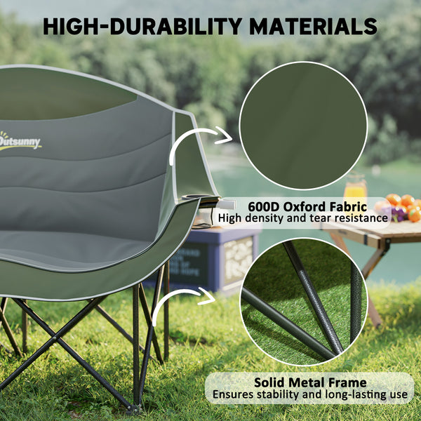 Chaise de camping portable double avec porte-gobelets et sac de transport, supporte jusqu'à 250 kg, vert foncé