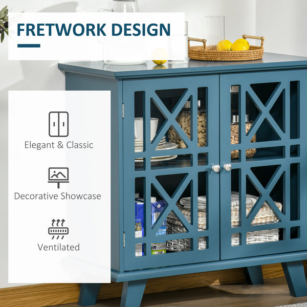 Buffet with openwork doors and shelf, modern freestanding storage unit, blue