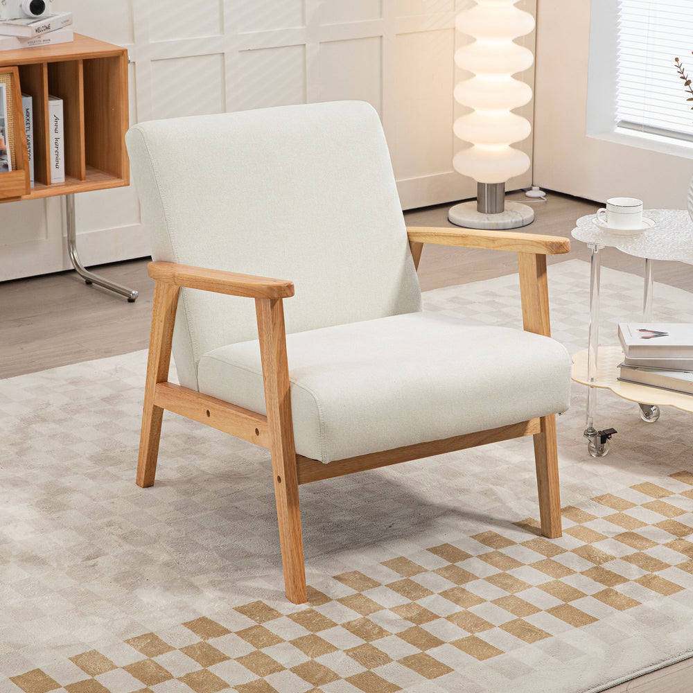 Fauteuil d'appoint rétro en tissu avec accoudoirs en bois, blanc crème
