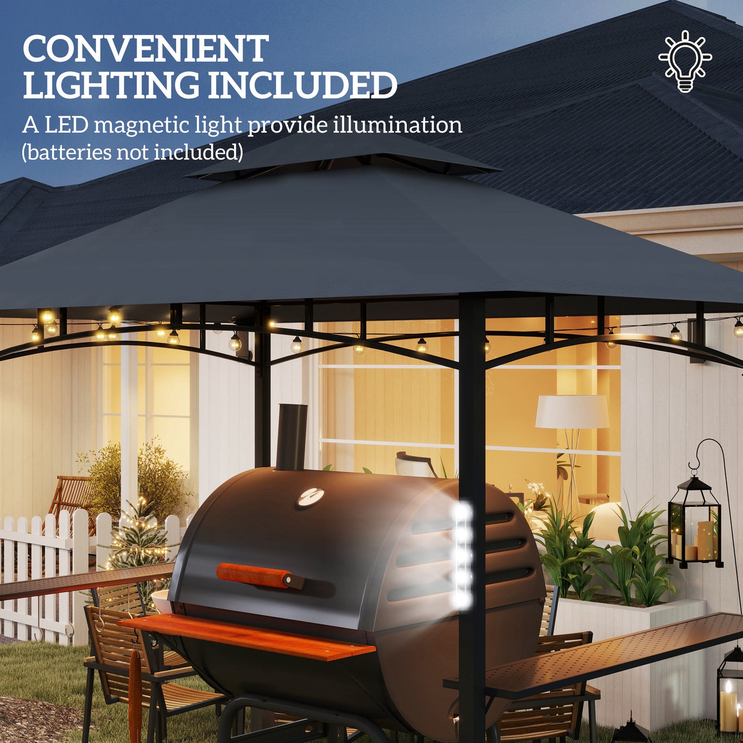 Outsunny 8' x 5' Grill Gazebo, Double Tiered BBQ Gazebo with LED Light, 2 Side Shelves, Hooks and Bottle Opener, Dark Gray |