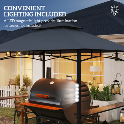Outsunny 8' x 5' Grill Gazebo, Double Tiered BBQ Gazebo with LED Light, 2 Side Shelves, Hooks and Bottle Opener, Dark Gray |