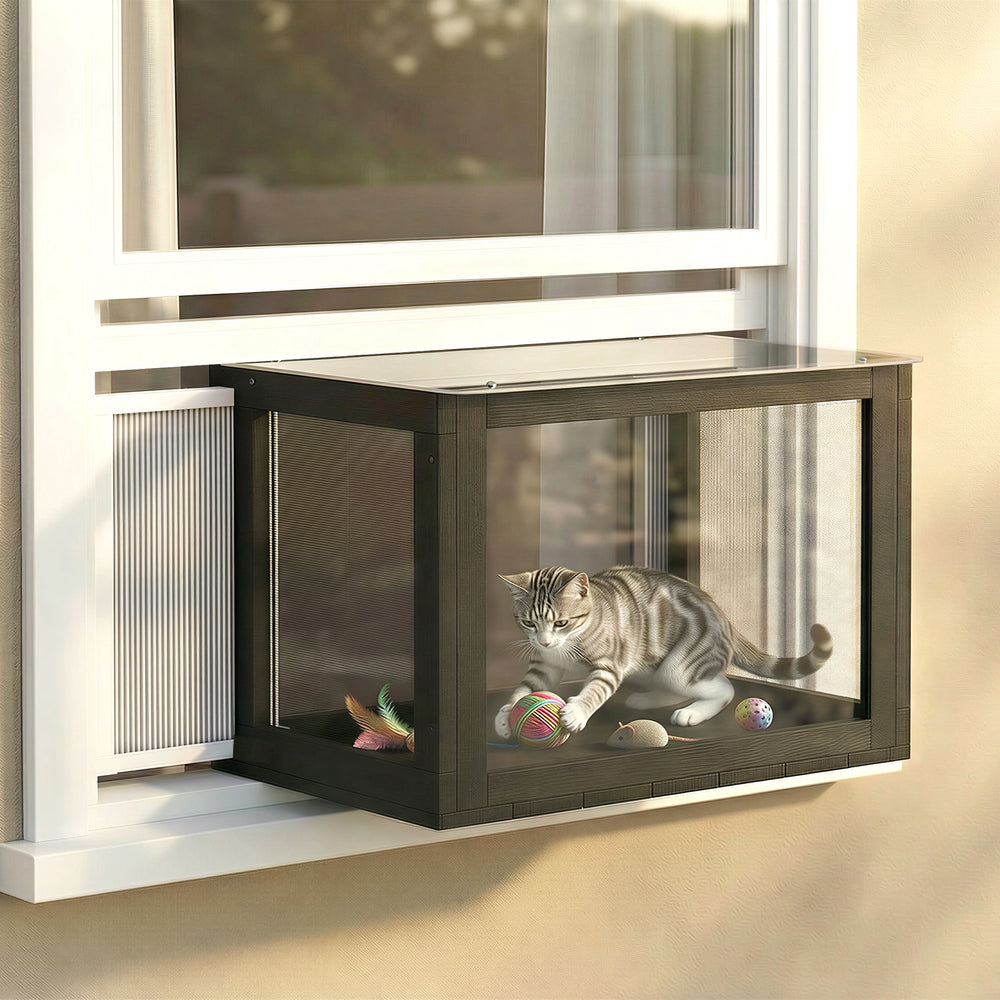 Enclos extérieur pour chat réglable avec toit étanche pour fenêtre, 61 x 47 x 41 cm, noir et blanc