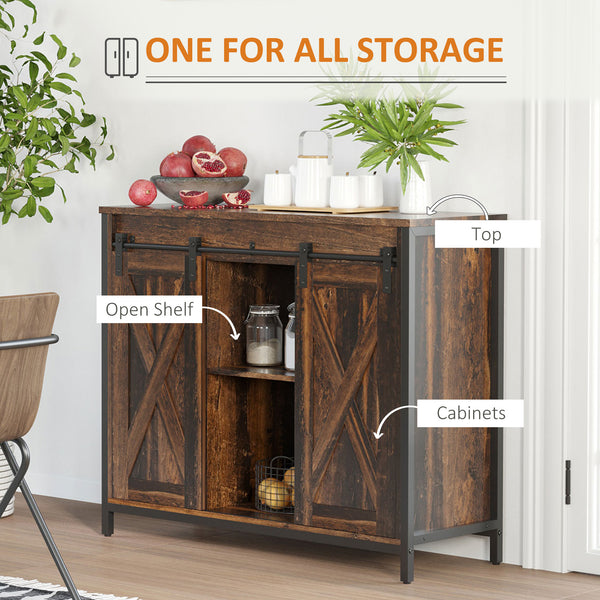 Buffet industriel avec portes coulissantes de style grange, couleur marron rustique.