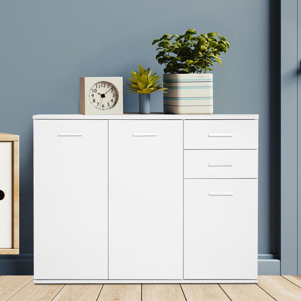 Buffet laqué brillant, avec 2 tiroirs et 3 portes avec étagère réglable, meuble bar à café, blanc