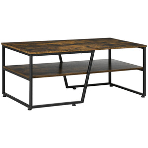 Table basse industrielle à deux niveaux avec étagère de rangement, brun rustique