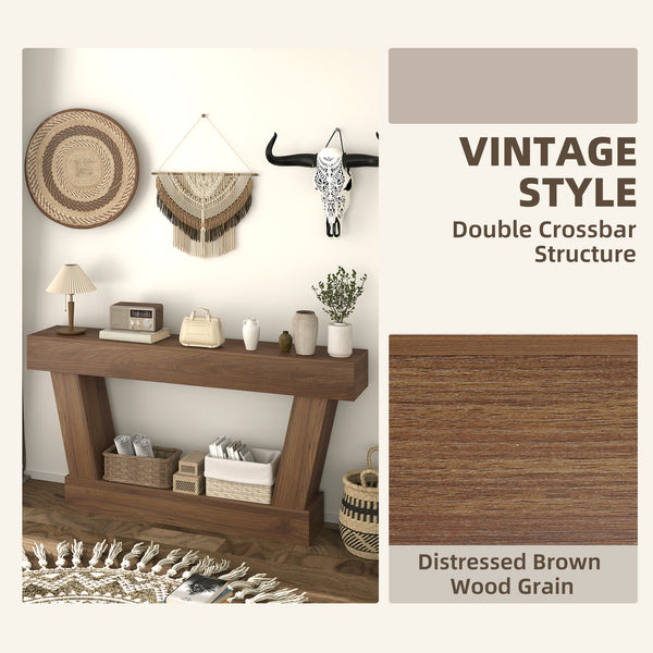 Vintage console table with open shelf for living room, dark brown