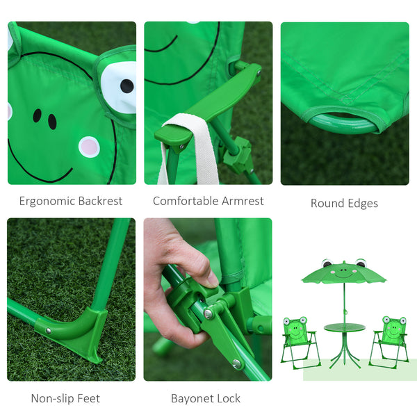 Kids Folding Picnic Table and Chair Set Pattern Outdoor Garden Patio Backyard with Removable & Height Adjustable Sun Umbrella Green