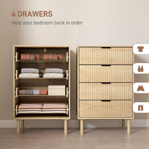 Chest of drawers with 4 drawers, fluted panels and solid wood legs, oak color