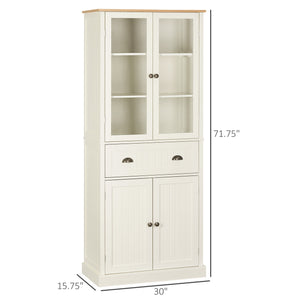 Meuble de rangement avec portes vitrées, tiroir et étagères réglables, blanc crème