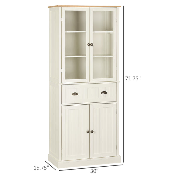 Meuble de rangement avec portes vitrées, tiroir et étagères réglables, blanc crème