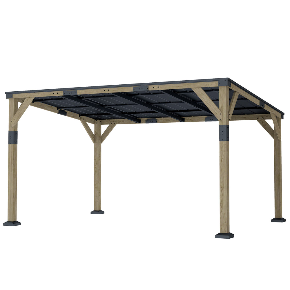 Pergola 14' x 10' en acier galvanisé avec toit rigide et structure en bois, auvent de terrasse, gris foncé