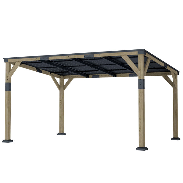Pergola 14' x 10' en acier galvanisé avec toit rigide et structure en bois, auvent de terrasse, gris foncé