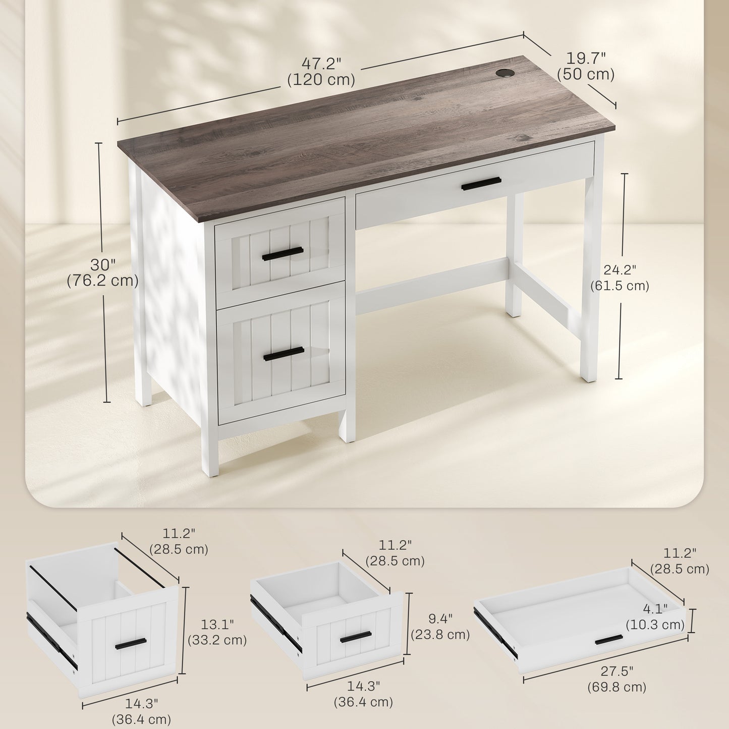 Country Style 3 Drawer Computer Desk with File Drawer and Wooden Top for Small Spaces, White