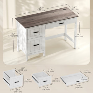 Bureau d'ordinateur avec 3 tiroirs de style campagnard avec tiroir classeur et plateau en bois pour petits espaces, blanc