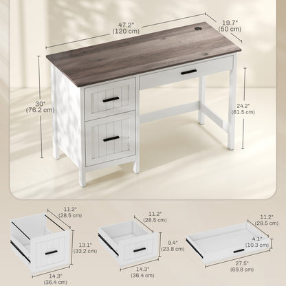 Country Style 3 Drawer Computer Desk with File Drawer and Wooden Top for Small Spaces, White