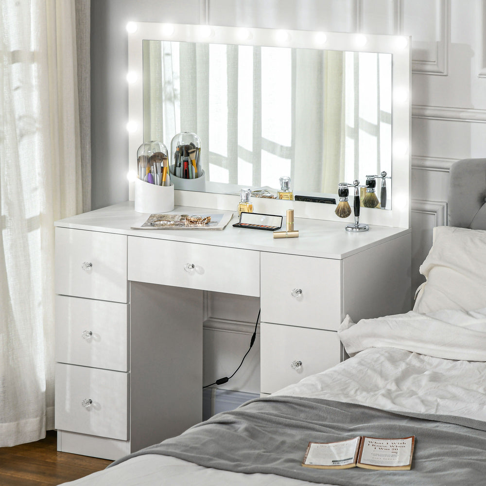 Coiffeuse avec miroir et éclairage, 7 tiroirs et 14 LED, blanche