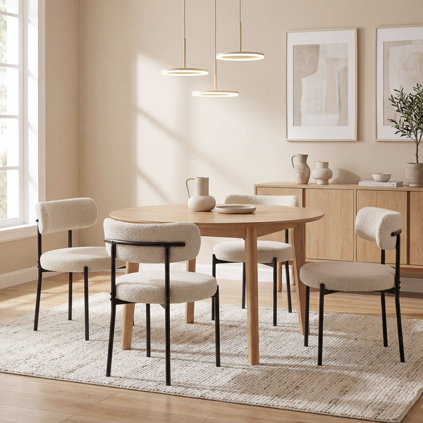 Set of 4 modern kitchen chairs with Berber fleece upholstery and steel legs for the living room, beige