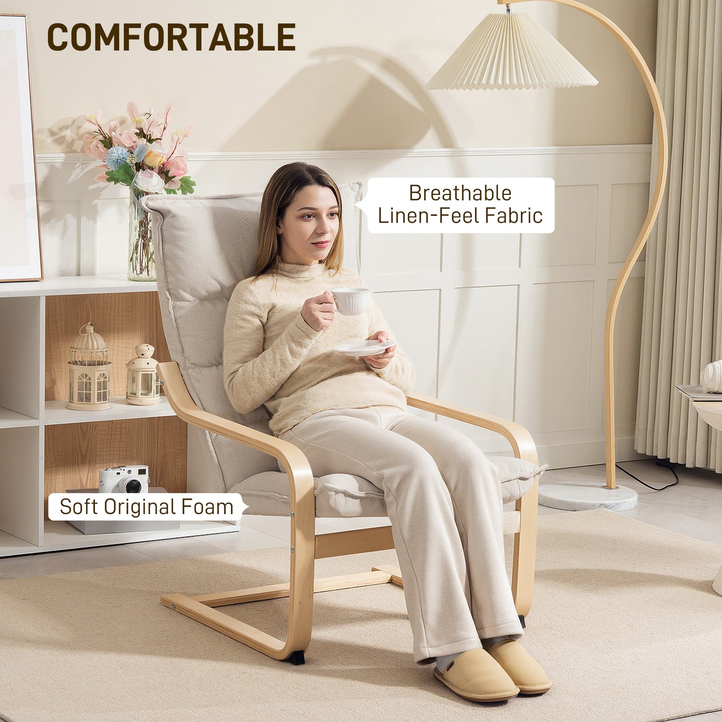 Fauteuil d'appoint rembourré avec pieds et accoudoirs incurvés, blanc crème