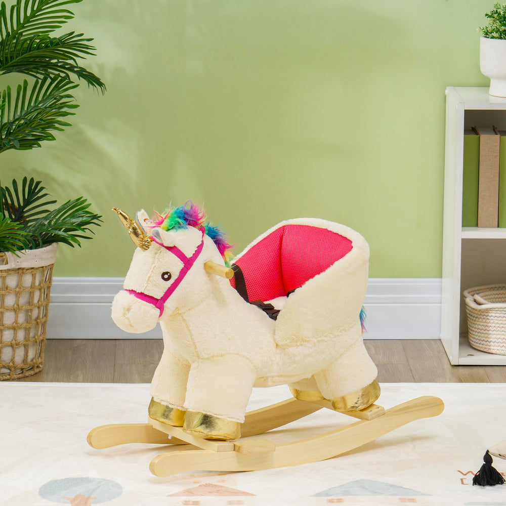 Unicorn Rocking Horse with Sound, Seat Belt, Wooden Base, for 18-36 Months
