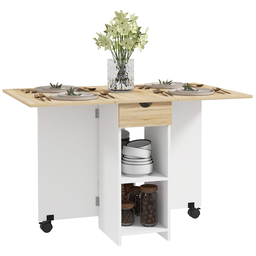 Table de salle à manger pliante avec tiroir et étagères de rangement, chêne
