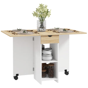 Table de salle à manger pliante avec tiroir et étagères de rangement, chêne