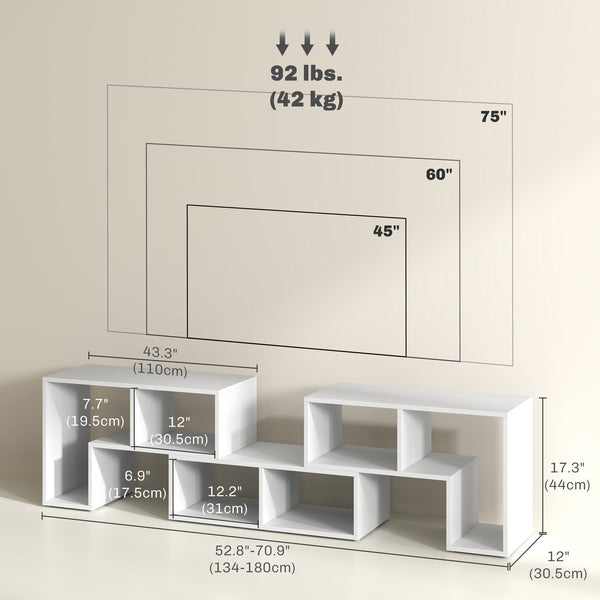 Meuble TV modulable 3 pièces avec 6 compartiments pour téléviseur jusqu’à 75 po – Blanc