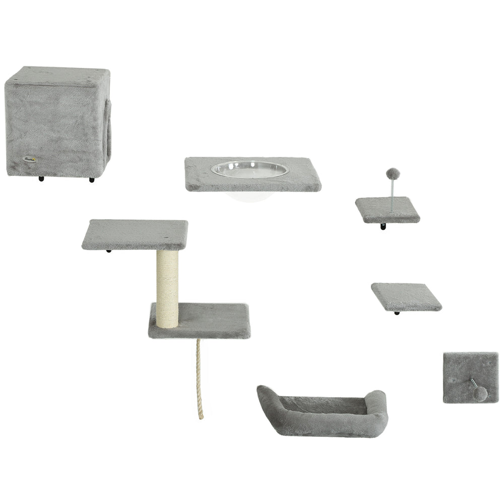 Set of 7 Wall Shelves and Perches with House, Sisal Ladder, Bed and Ball, Grey