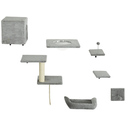 Set of 7 Wall Shelves and Perches with House, Sisal Ladder, Bed and Ball, Grey