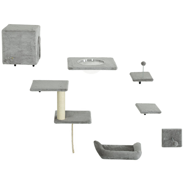 Set of 7 Wall Shelves and Perches with House, Sisal Ladder, Bed and Ball, Grey