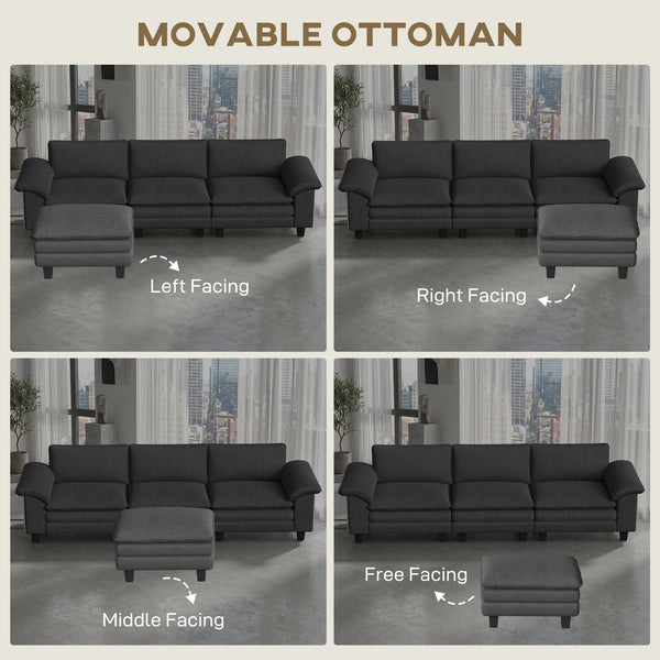 Sectional Sofa, L Shaped Couch with Deep Seat, Movable Ottoman and Pillow-top Armrests, Dark Grey
