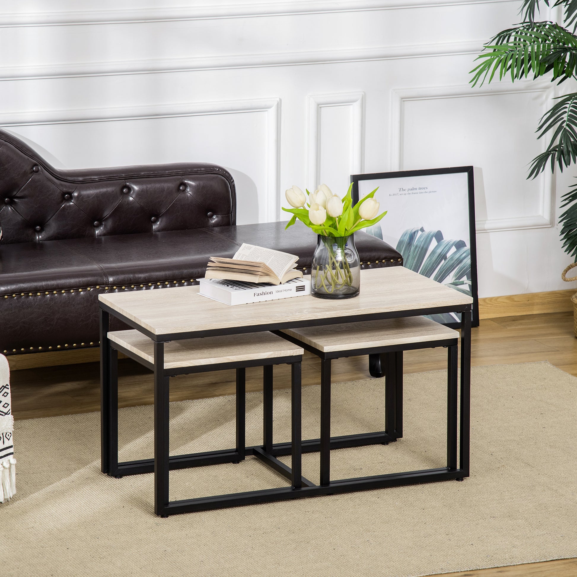 Lot de 3 tables d’appoint modernes avec cadre en métal noir et plateau effet bois naturel pour salon

