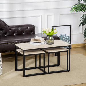 Lot de 3 tables d’appoint modernes avec cadre en métal noir et plateau effet bois naturel pour salon

