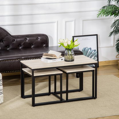 Lot de 3 tables d’appoint modernes avec cadre en métal noir et plateau effet bois naturel pour salon

