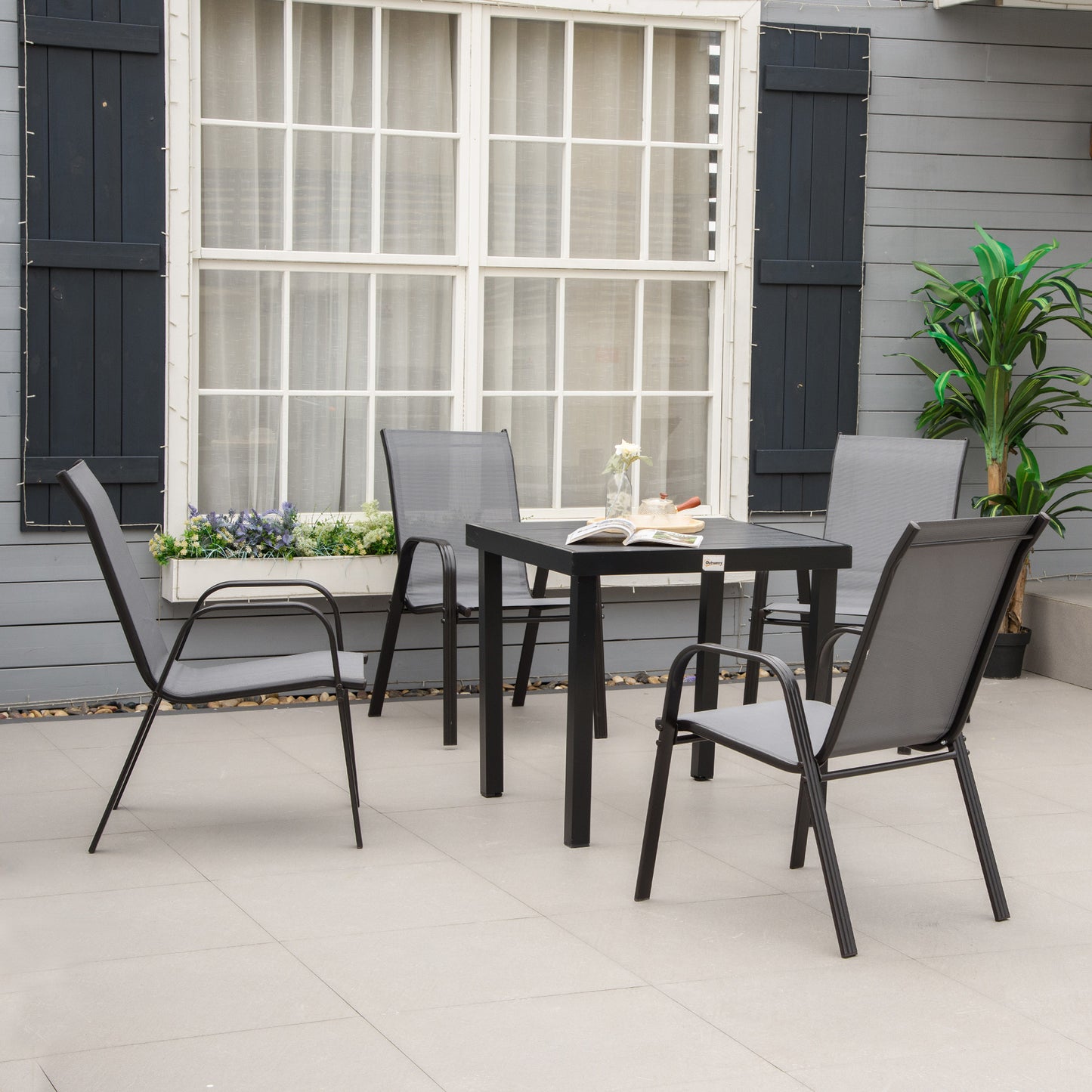 Ensemble de 4 chaises de salle à manger d'extérieur robustes, empilables et munies d'accoudoirs, finition gris foncé