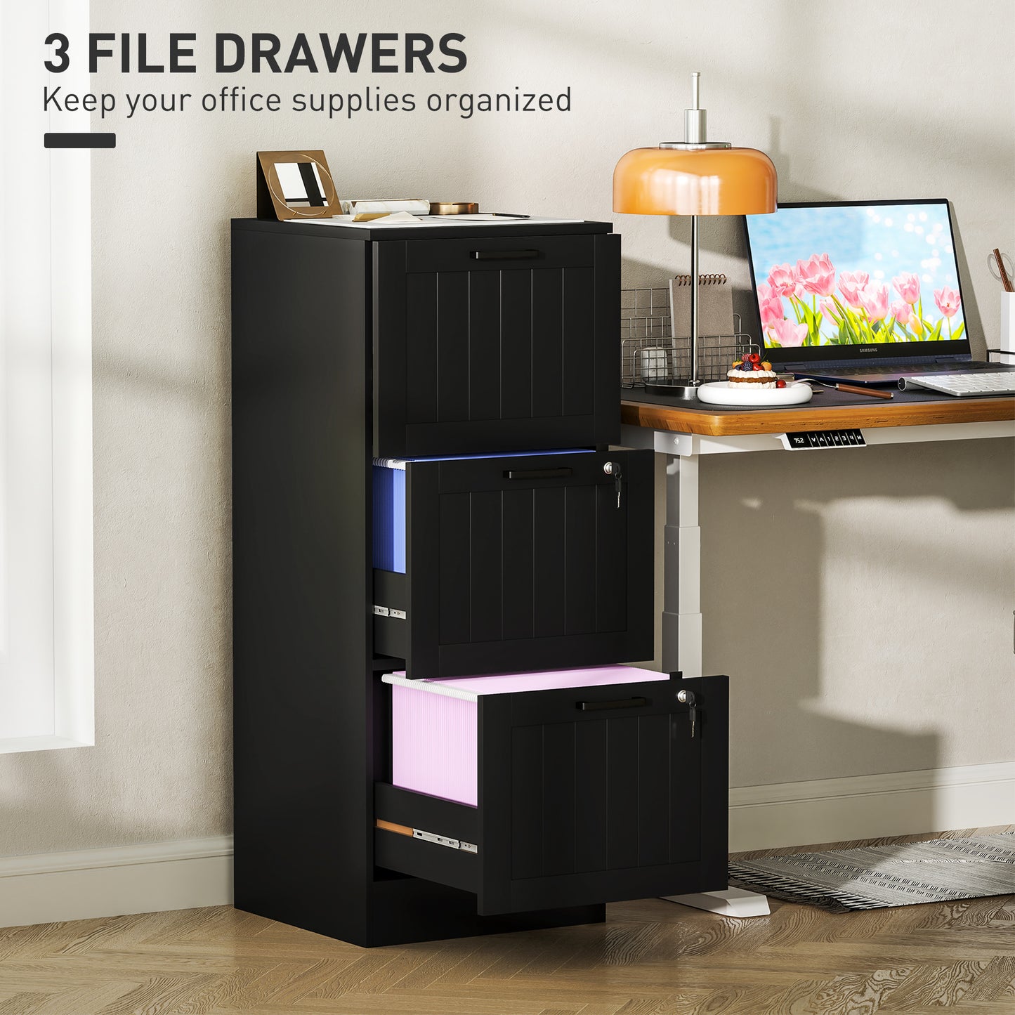 HOMCOM 3 Drawer Filing Cabinet with Lock, Office Storage Cabinet with Adjustable Hanging Bars for A4 Size Files, Black
