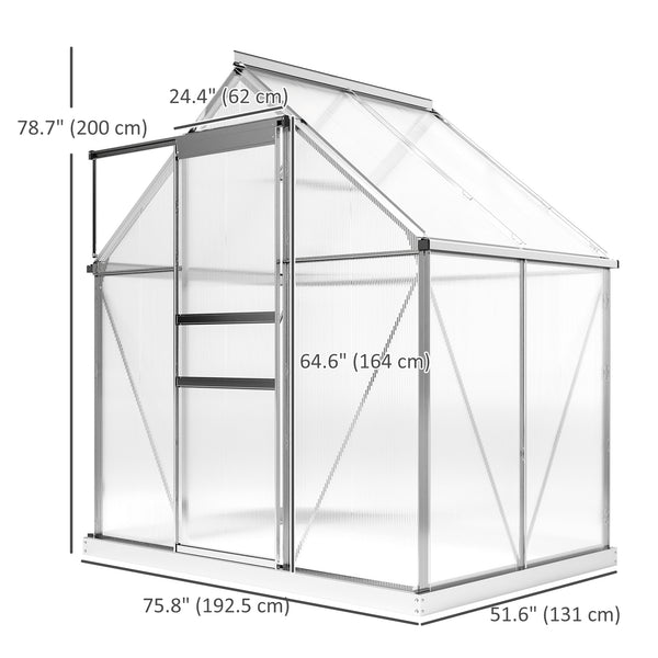 Polycarbonate greenhouse with adjustable roof ventilation, base, sliding door, transparent