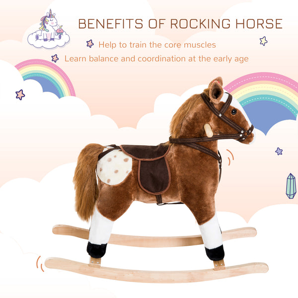Kids Plush Rocking Horse Ride-On Toy with Realistic Sound (Brown)