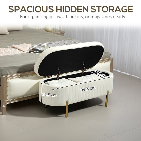 Banc de chambre rembourré capitonné avec pieds en métal, blanc crème