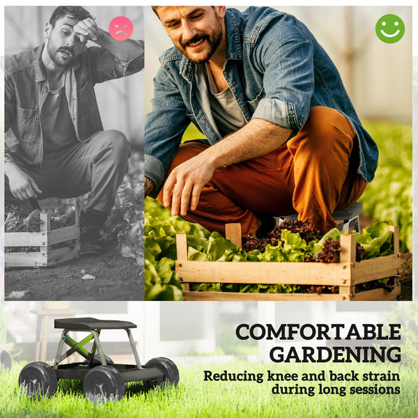 Tabouret de jardin roulant avec plateau porte-outils intégré