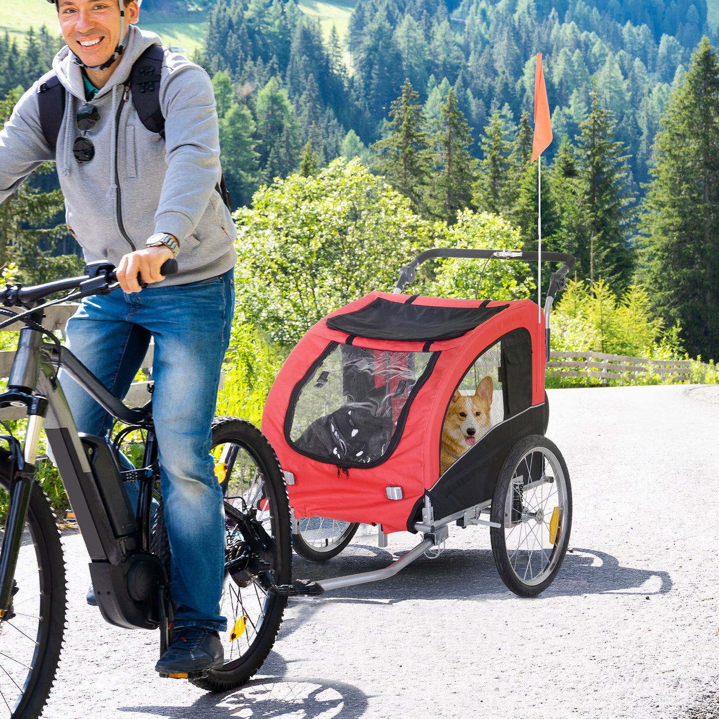 2 in 1 Pet Stroller, Bicycle Carrier Cart, Red 