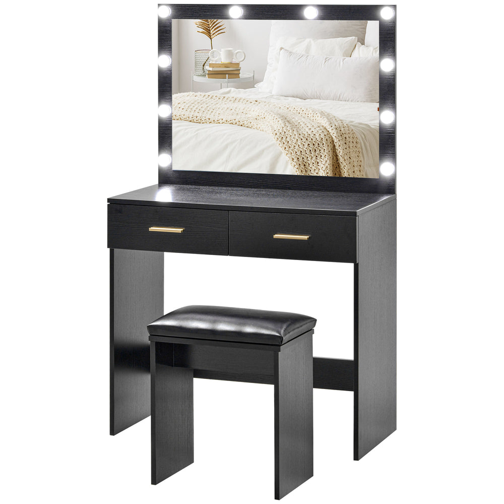 Coiffeuse avec tabouret, miroir à éclairage LED et tiroirs, noir