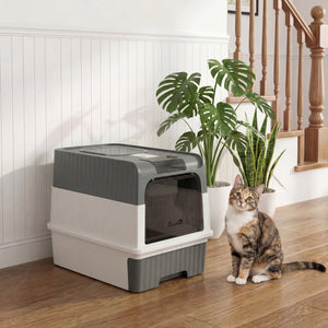Cat Litter Box with Lid, Enclosed Kitty Litter Box with Pull-Out Drawer Tray, Scoop, 4 Deodorizing Bags, Gray