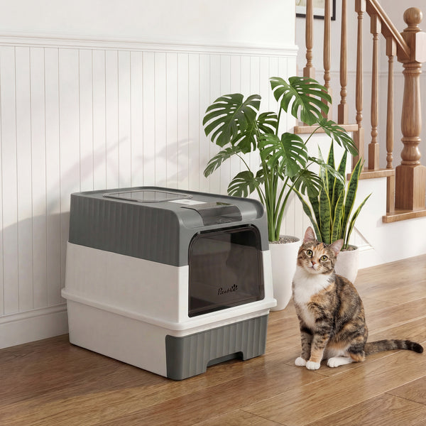 Cat Litter Box with Lid, Enclosed Kitty Litter Box with Pull-Out Drawer Tray, Scoop, 4 Deodorizing Bags, Gray