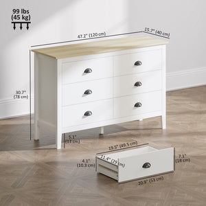 Commode avec glissières silencieuses à 6 tiroirs, blanche