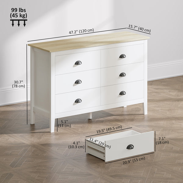 Commode avec glissières silencieuses à 6 tiroirs, blanche