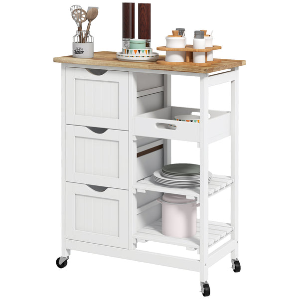 Chariot de cuisinesur roulettes avec plateau en bois, 3 tiroirs et étagères, blanc